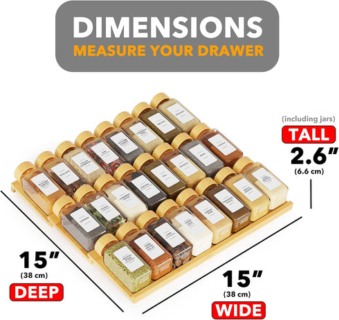 24 378 3 15" 15" 2.6" SpaceAid Bamboo Spice Drawer Organizer with Spice Jars, White Minimalist Spice Labels, Tier