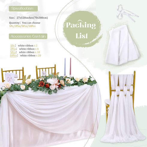 10Ft 1 Piece White Chiffon Table Runner - 27x120 Inches Sheer Chiffon Fabric for Bridal Party Decorations