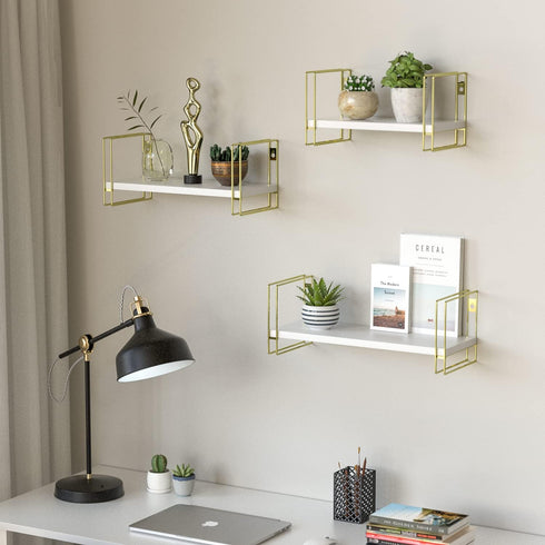 Set 3 MK696C J JACKCUBE DESIGN White Wood Floating Shelves, of Wall Mounted Hanging Shelves with Gold Wire Frames