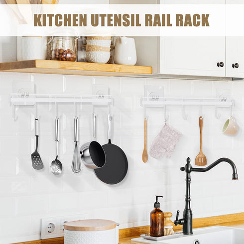 Kitchen Utensil Rack Wall Mount, White Adhesive Kitchen Utensil Hanger No Drilling Kitchen Utensil Holder Space Saving Kitchen Wall Hooks for Kitchen Bathroom Camper - 2 Packs by HOMEBROS