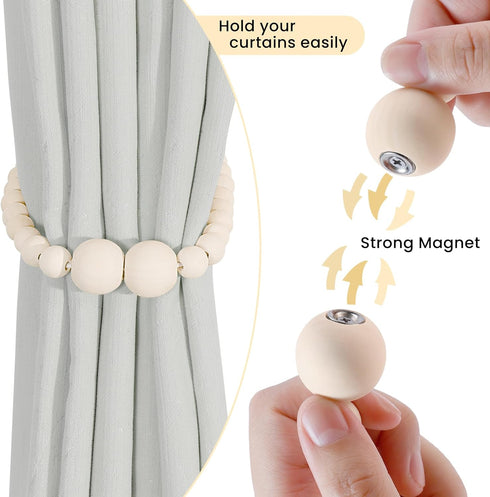 2 Pack Magnetic Curtain Tiebacks, Curtain Holdbacks for Draperies, Wood Bead Curtain Tiebacks, Elegant Curtain Tie