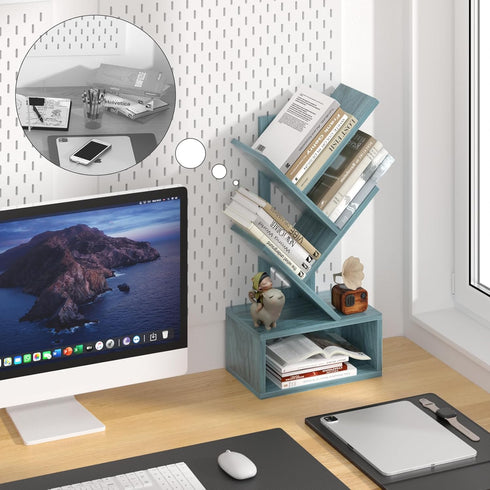 Shelf,5 SHEEPAM Small Tree Book Tier Black Tree Bookshelf,Blue Desktop Bookcase,Modern Desk Display Storage