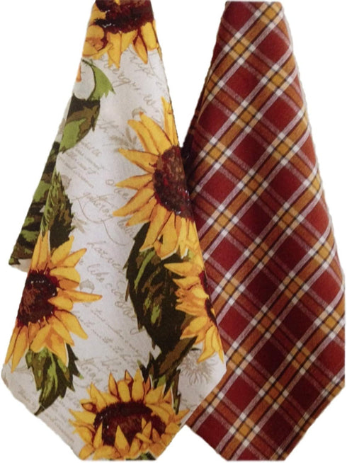 DII Design Imports Set of 2 Rustic Sunflower Kitchen Dish Towels - Rustic Sunflower Print and Plaid