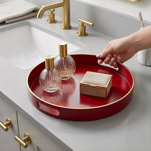 13" Round Decorative Tray, Red Serving Tray with Handles, Plastic Coffee Table Tray for Ottoman, Living Room, Bathroom