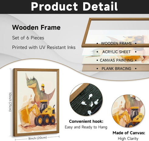 Youillne 8x10 Inch Set 6 Dinosaur Nursery Wall Art Boys Room Canvas Wall Decor Construction Toddler Poster Kids Dino