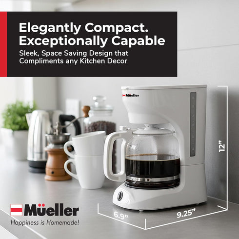 12-Cup MUELLER HOME White Coffee Maker - Borosilicate Carafe, Auto-Off, Reusable Filter, Anti-Drip, Keep-Warm Function