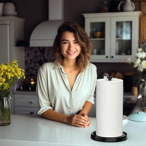 Black Paper Towel Holder Countertop, One-Handed Tear Stand with Ratchet Mechanism, Stainless Steel Weighted Base