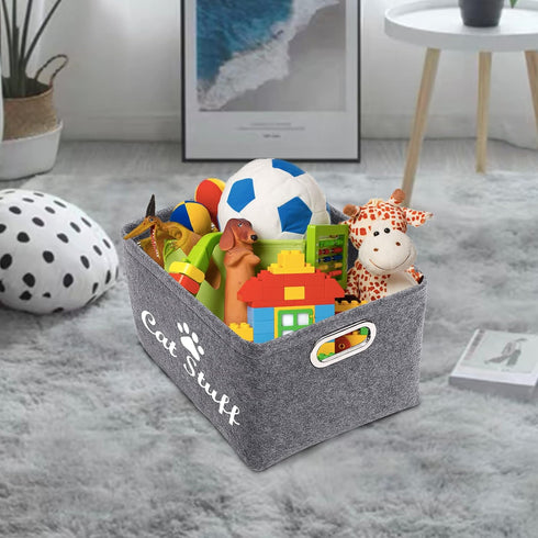 Felt Cat Toy Basket,Foldable Pet Toy Storage Bins with Handles, Pet Stuff Organizer for Indoor Cat,Kitten Toy Storage