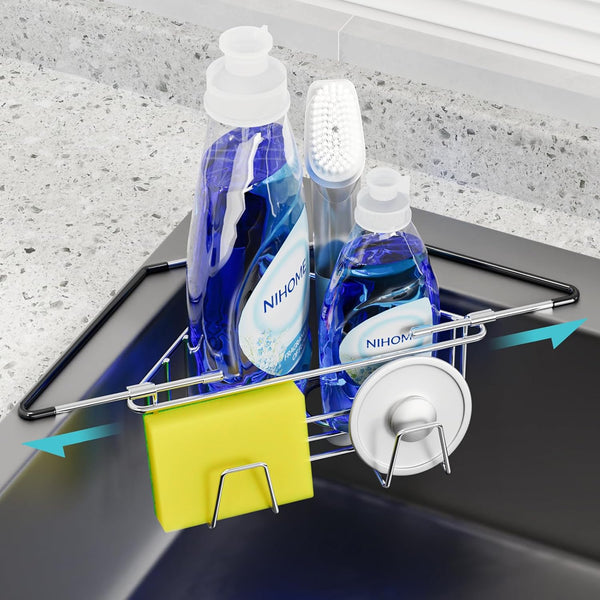 NiHome Extendable Arm Stainless Steel Kitchen Sink Corner Caddy, Easy Install Space-Saving