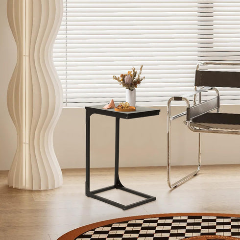FDW C-Shaped End Table Wooden Top Side Table Adjustable Feet Small Cough Table Bedside End Table with Metal Frame