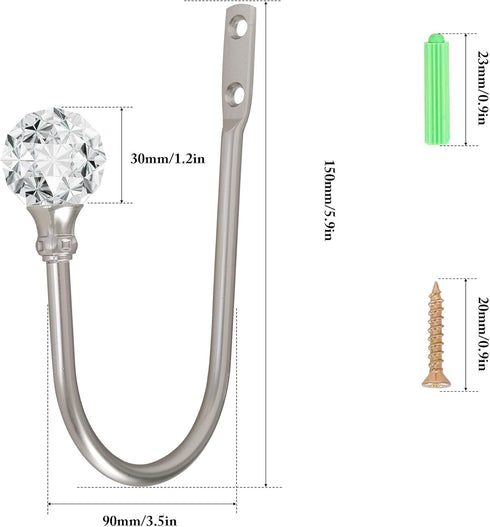 Curtain Holdback, 2pcs Wall Mounted Drapery Tiebacks with Clear Crystal Ball, Heavy Duty Metal Decorative Curtain