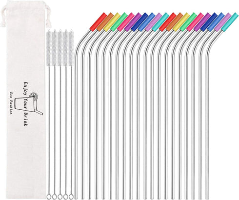MUTNITT Set of 20 Reusable 10.5" Bent Stainless Steel Straws, 20 Silicone Tips, 5 Cleaning Brushes, 1 Travel Case,