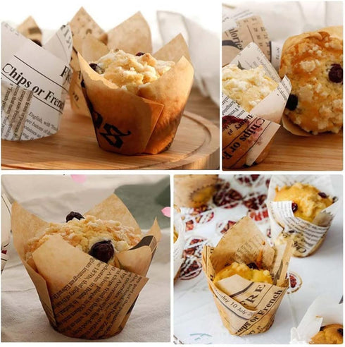 200pcs Tulip Cupcake & Muffin Tins Liners, Nature and White 2 Standard Newspaper Pattern Paper Baking Cups