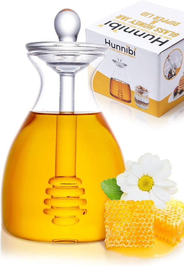 Hunnibi Handmade Honey Jar with Dipper, Glass Made Honey Dipper and Honey