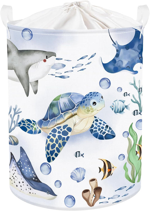 Clastyle 45L Large Blue Sea Animals Turtle Kid Laundry Hamper, Collapsible Whale Shark Storage Basket with Lid