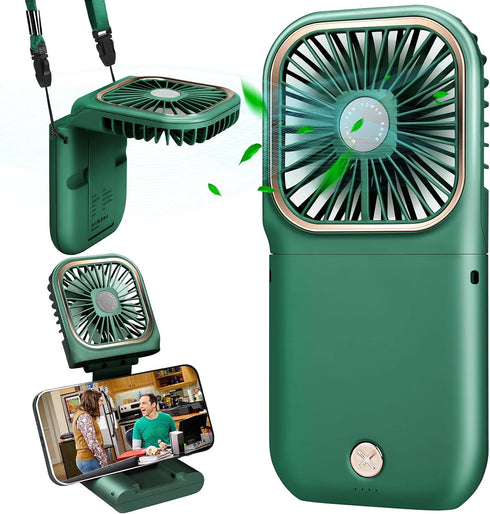 DAVID ROCCO Mini Portable Handheld Fan, 3 Speeds, Rechargeable, Green, Perfect for Travel, Home, Office