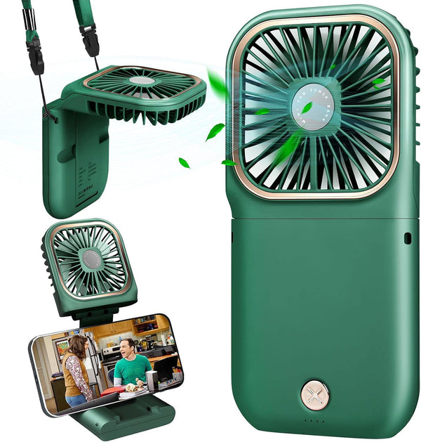 DAVID ROCCO Mini Portable Handheld Fan, 3 Speeds, Rechargeable, Green, Perfect for Travel, Home, Office