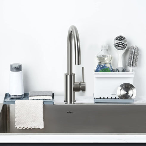 Countertop YOHOM Sink Brush Holder for Kitchen Sink Sponge Caddy Organizer Plastic Dish Scrubber Holder with Dividers
