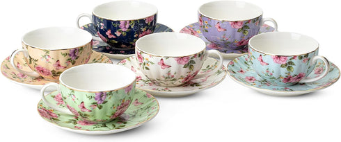 Set 6 (7 oz), Set 6, BTaT- Floral Tea Cups and Saucers of Porcelain Tea Cups of Modern Midnight Floral Design with Gold