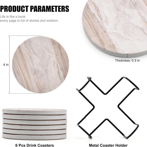 Hoewina 6Pcs Set 4 InchesCloud Drink Coasters with Holder, Marble Style Ceramic Drink Coaster, Absorbent Coasters