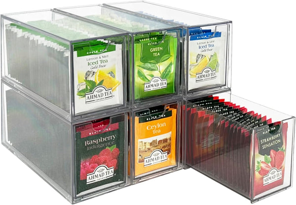 AZEZO 6-Pack Tea Bag Drawers Organizer - 6 Clear Plastic Drawer Tea Bag