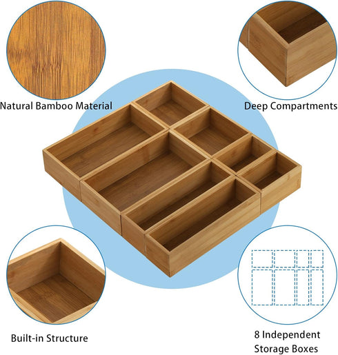 Lawei 8 Pieces Bamboo Drawer Organizer Boxes, Stackable Storage Tray for Kitchen, Bathroom, Office Desk