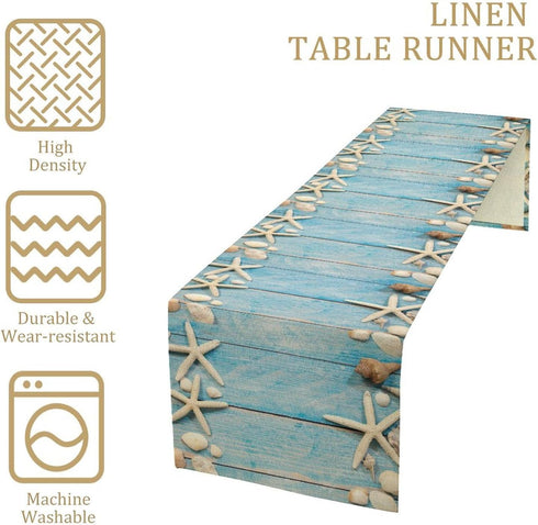 Summer Beach Table Runner - Beach Theme Cotton Linen Dresser Scarves with Seashells, Starfish, Rustic Wood Decor (13x72
