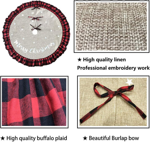 AISENO 48 Inch Christmas Tree Skirt Linen Burlap Buffalo Plaid Edge Decoration for Merry Christmas