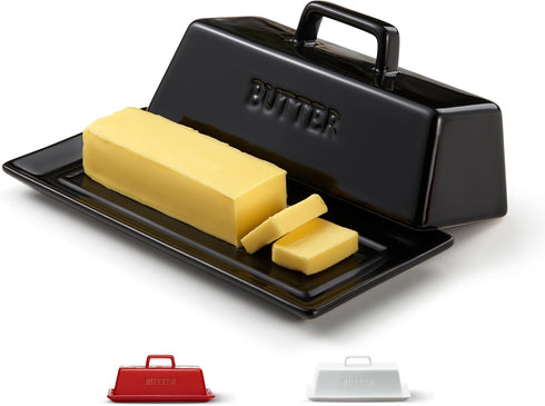 Kook Ceramic Butter Dish with Lid for Countertop, Microwave and Dishwasher Safe Butter Keeper, Black Butter Container