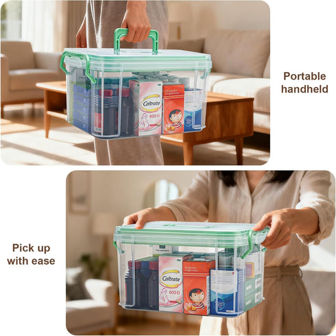 guaiboshi 15QT Clear Medicine Organizer Storage Box with Handle & Tray - Thickened Plastic Empty First Aid Box
