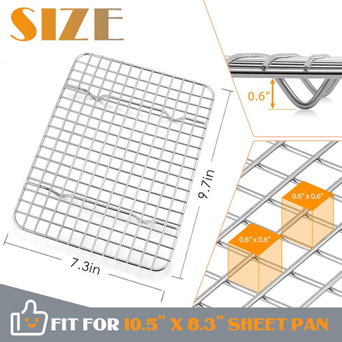 Small Baking Cooling Rack Set of 2, E-far Stainless Steel Toaster Oven Rack for Cooking Roasting Grilling Broiling Meat Bacon, 9.7” x 7.3” Metal Bakeable Wire Rack for Cookie Cake - Dishwasher Safe