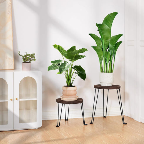 2Pack 11.81IN Yangbaga Wooden Plant Stands Indoor: Round Planter Stands with Metal Legs,Mid Century Planter Holder