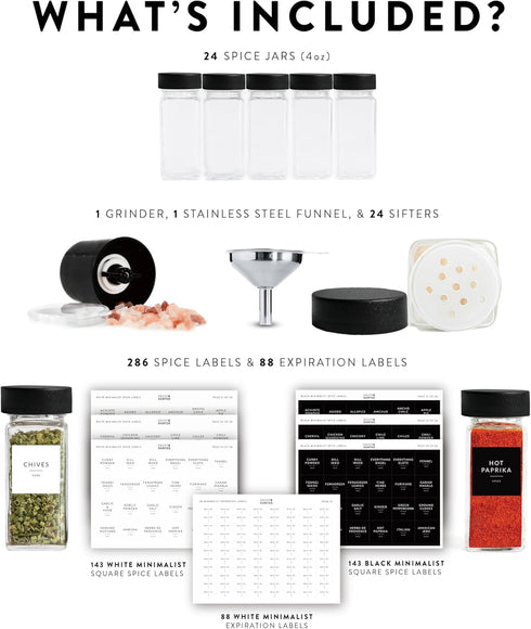 24 4 Oz 374 SAVVY & SORTED Glass Spice Jars with Label PK - Spice Containers with Minimalist Preprinted Labels