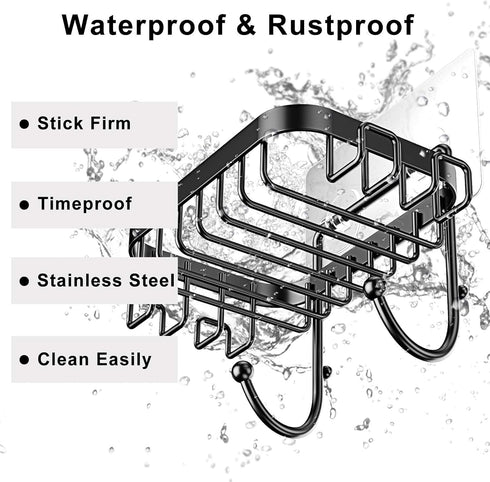 ODesign Soap Dish Holder with 6 Hooks for Loofah Bath Sponge Towel Razor, Adhesive Wall Mounted No Drilling - Black - 1