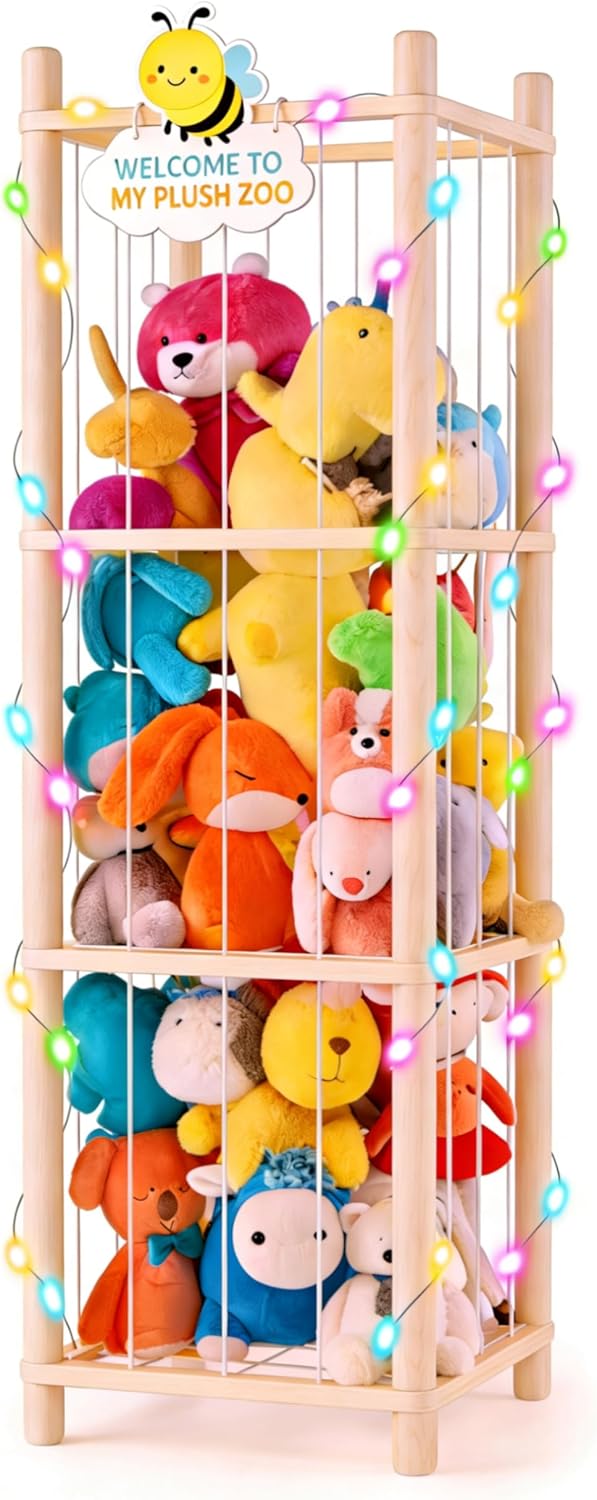 Hsenowi Stuffed Animal Storage Zoo Organizer Natural Pine Plushies Storage with Elastic Bands