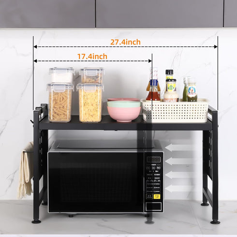 Extendable 2 Tier Microwave Oven Rack - Adjustable Shelf for Kitchen Countertop with 4 Hooks and Pot Lid Support