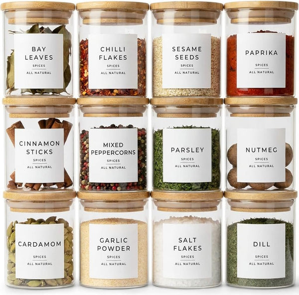 Glass Spice Jars with Labels-12 Pack- 6.8oz- 360 Labels- Spice Containers with