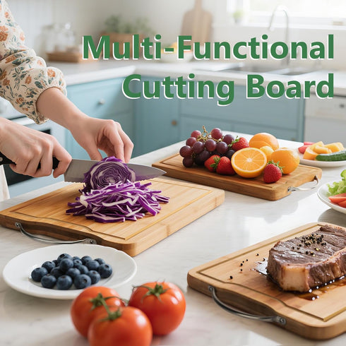 Bamboo Cutting Board, Wooden Cutting Boards for Kitchen with Double Sided Deep Juice Grooves & Wide Handle, Ideal
