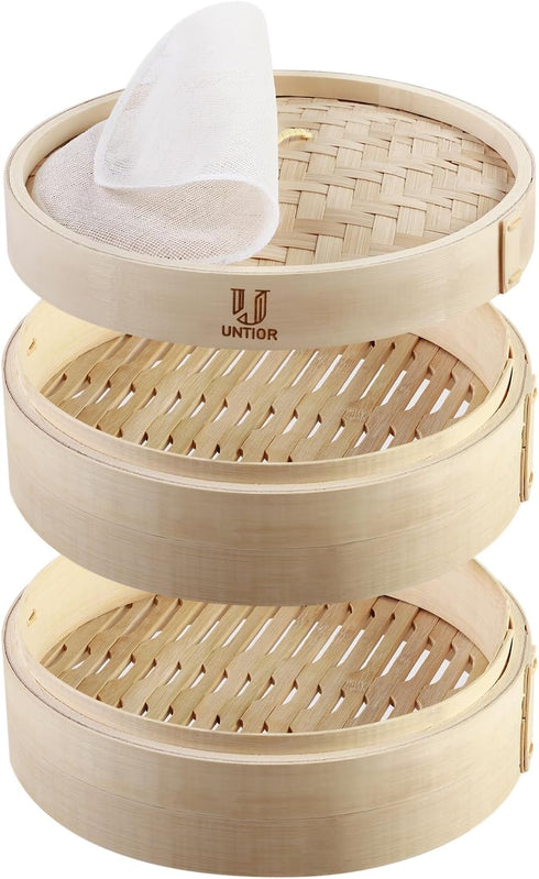 Handmade 8 Inch Bamboo Steamer Basket with Reusable Cotton Liners, 2 Tier Traditional Dumpling Food Steamer