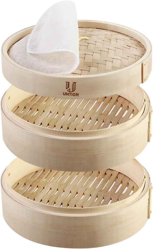 Handmade 8 Inch Bamboo Steamer Basket with Reusable Cotton Liners, 2 Tier Traditional Dumpling Food Steamer