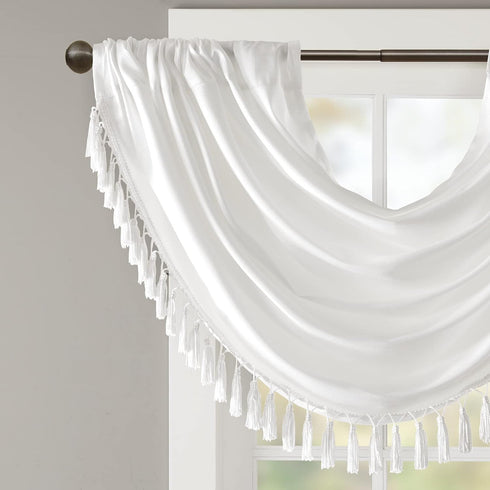 Madison Park Elena Waterfall Embellished Rod Pocket Valance, Faux Silk Window Valance, 38X46", White
