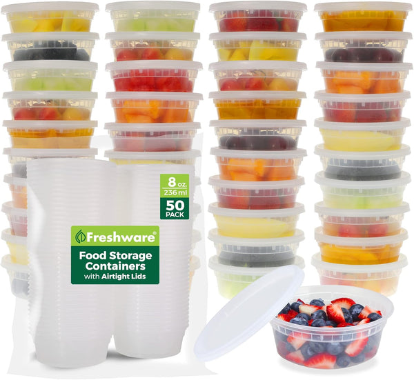 Freshware 50 Set Food Storage Containers, 8 oz Plastic Deli Containers with Lids for Slime, Soup & Meal Prep