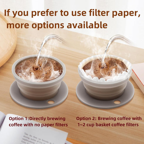 Set of 2 Paperless Collapsible Travel Pour Over Coffee Dripper Kit, Silicone Maker with Stainless Steel Filter
