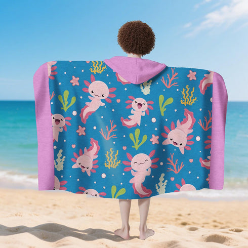 35" 60" 3-10 Swimming Axolotl Hooded Beach Towel for Boy, x Ocean Design Kids Poncho Bath Towel for Toddler, Blue