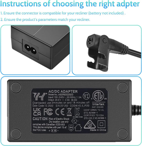 Sopito Universal Power Recliner Power Supply, Magnetic Ring 2-Pin AC/DC Adapter 100-240V for Electric Couch/Lift Chair