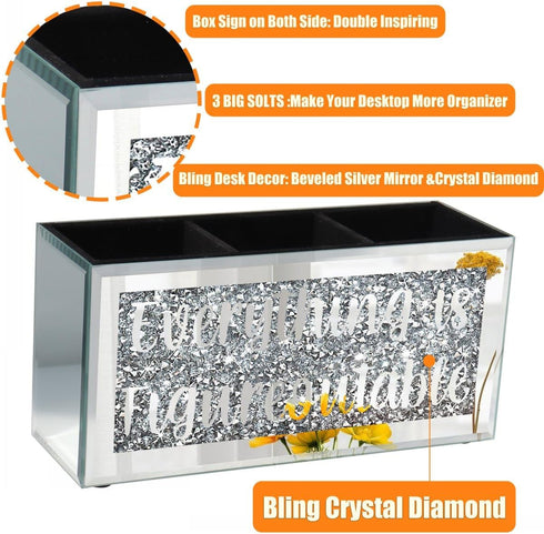 Silver Mirror Crystal Diamond Desktop Pen Organizer Box, 3 Compartment Multi-Use Storage for Office Decor