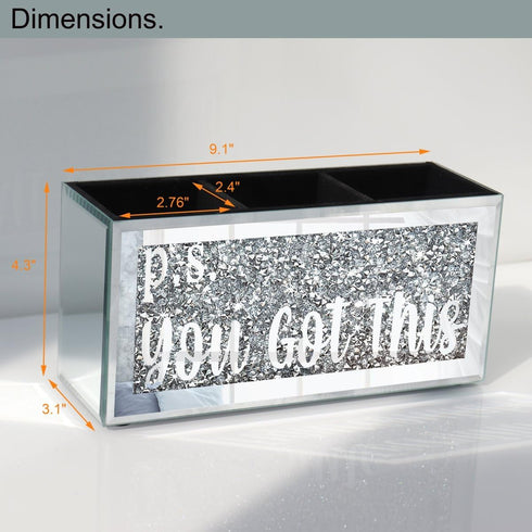 Silver Mirror Crystal Diamond Desktop Pen Organizer Box, 3 Compartment Multi-Use Storage for Office Decor
