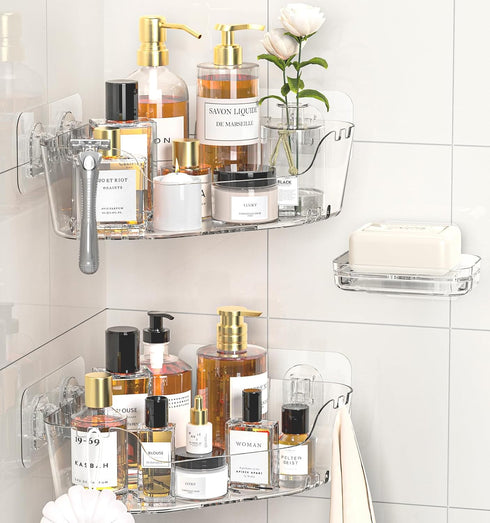 Corner Shower Caddy, 3-Pack Adhesive Shower Organizer with Soap Holder and Hooks,