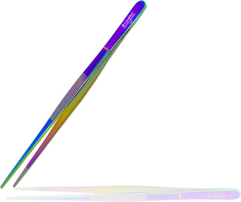 Cynamed 10” Kitchen Premium Tongs Tweezers, Stainless Steel with Precision Serrated Tips (Rainbow)