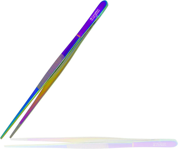 Cynamed 10” Kitchen Premium Tongs Tweezers, Stainless Steel with Precision Serrated Tips (Rainbow)